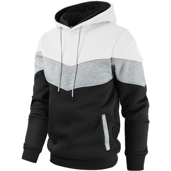 Men's Black/White/Gray Pullover Fleece Hoodie with Pockets